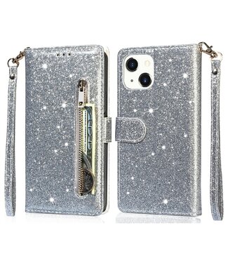 Grijs Glitter Bookcase Hoesje iPhone 13 Mini