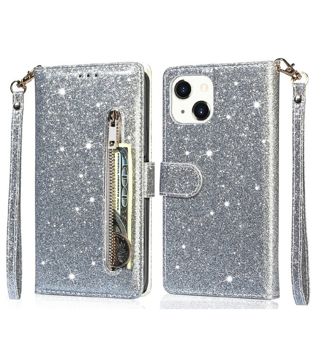Grijs Glitter Bookcase Hoesje voor de iPhone 13 Mini