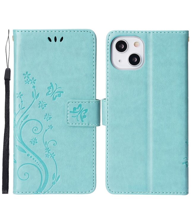 Blauw Vlinder Patroon Bookcase Hoesje voor de iPhone 13