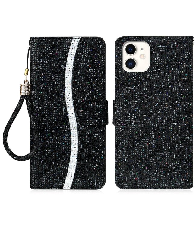 Zwart Glitter Bookcase Hoesje voor de iPhone 13