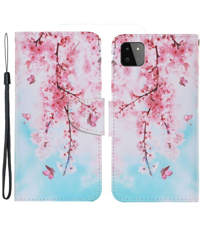 Roze Bloemen Bookcase Hoesje voor de Samsung Galaxy A22 (5G)