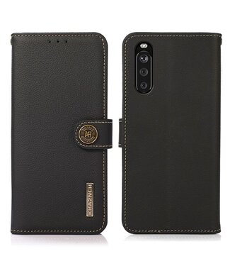 Khazneh Zwart Genuine Lederen Bookcase Hoesje Sony Xperia 10 III