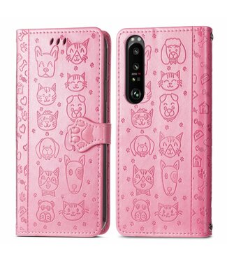 Roze Hond En Kat Bookcase Hoesje Sony Xperia 1 III