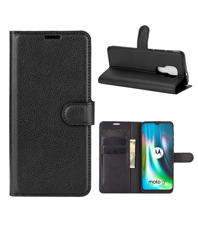 Zwart Lychee Bookcase Hoesje voor de Motorola Moto G9 Play