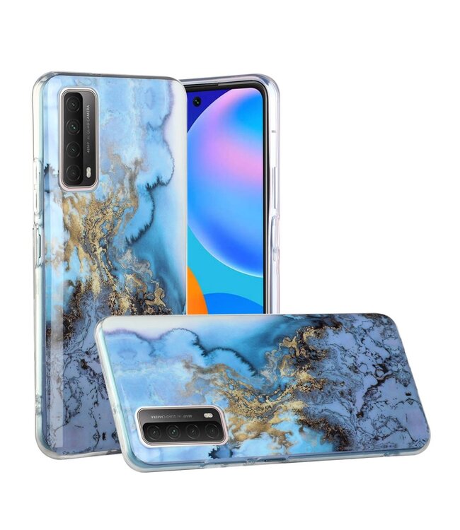 Blauw / Goud Marmer Bookcase Hoesje voor de Huawei P Smart (2021)