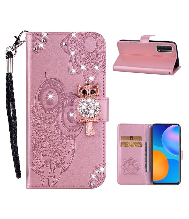 Rosegoud Uil En Diamant Bookcase Hoesje voor de Huawei P Smart (2021)