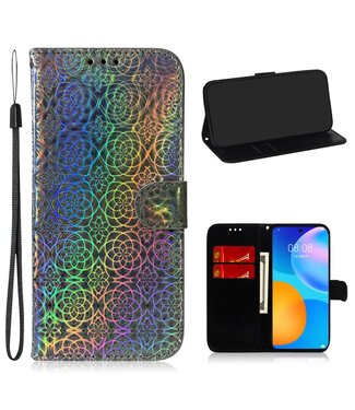 Grijs Bloem Patroon Bookcase Hoesje Huawei P Smart (2021)