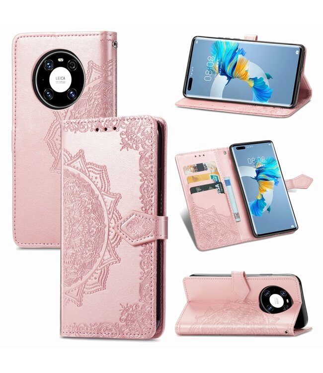 Rosegoud Mandala Bloem Bookcase Hoesje voor de Huawei Mate 40 Pro