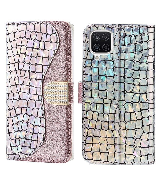 Rosegoud Glitter Krokodillen Bookcase Hoesje voor de Samsung Galaxy A12