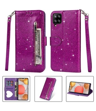 Paars Glitter Bookcase Hoesje Samsung Galaxy A12