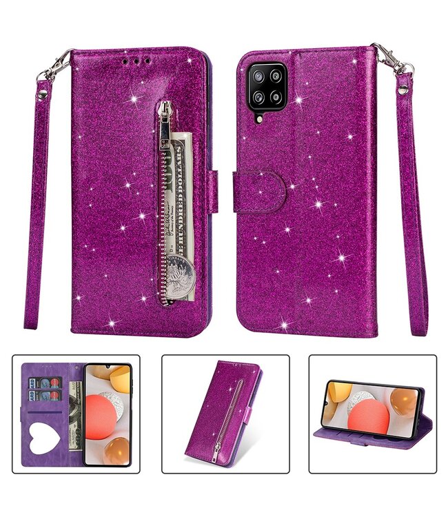 Paars Glitter Bookcase Hoesje voor de Samsung Galaxy A12