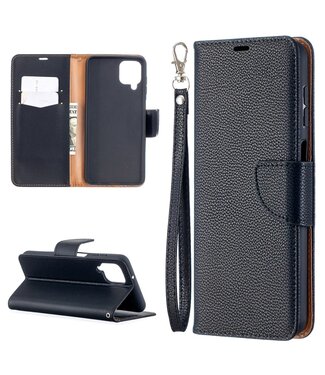 Zwart Lychee Wallet Bookcase Hoesje Samsung Galaxy A12