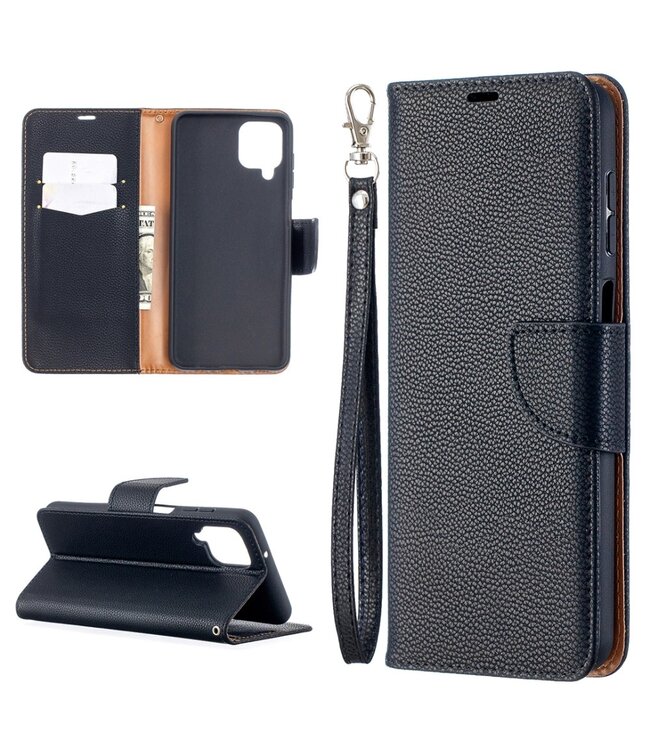 Zwart Lychee Wallet Bookcase Hoesje voor de Samsung Galaxy A12