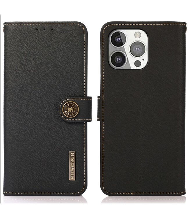 Khazneh Zwart Genuine Lederen Bookcase Hoesje iPhone 13 Pro Telefoonhoesjestore.nl
