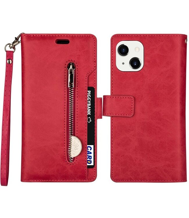 Rood Bookcase Hoesje met Ritssluiting voor de iPhone 14
