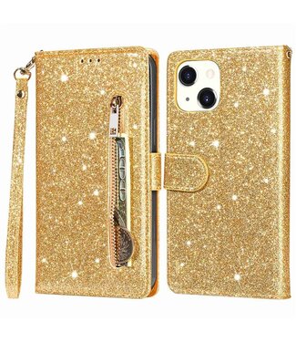 Goud Glitter Bookcase Hoesje met Ritssluiting iPhone 14