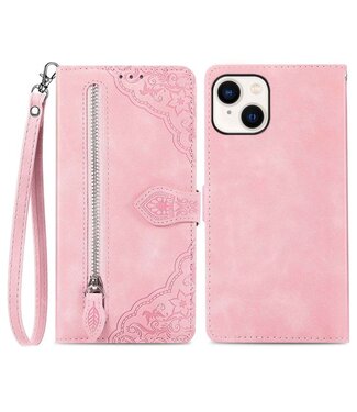 Roze Zipper Bookcase Hoesje met polskoordje iPhone 14