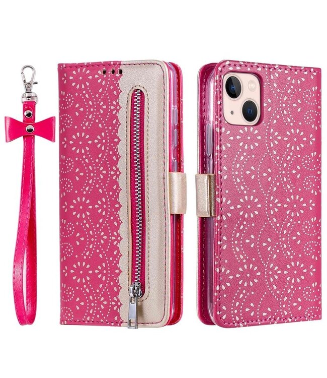 Roze Diamantjes Bookcase Hoesje met polsbandje voor de iPhone 14