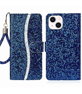 Blauw Bling Bling Bookcase Hoesje met polsbandje iPhone 14