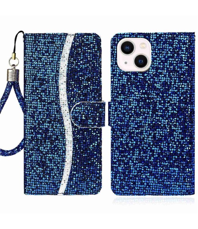 Blauw Bling Bling Bookcase Hoesje met polsbandje voor de iPhone 14