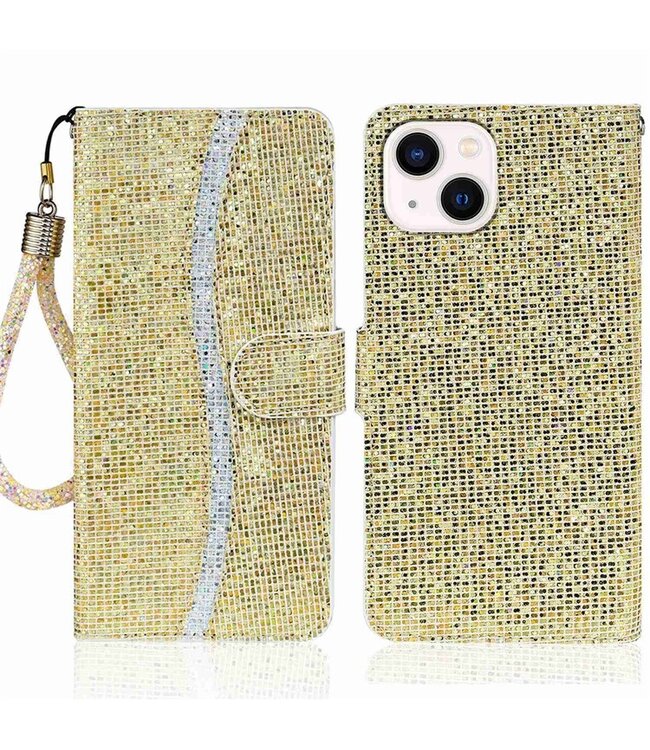 Goud Bling Bling Bookcase Hoesje met polsbandje voor de iPhone 14