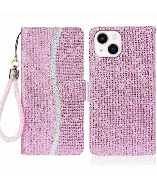 Roze Bling Bling Bookcase Hoesje met polsbandje iPhone 14