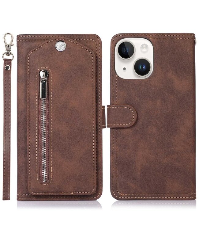 Bruin Bookcase Hoesje met Rits voor de iPhone 14