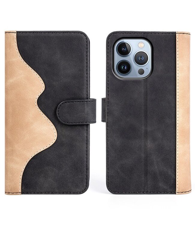 Zwart Split Leren Bookcase Hoesje voor de iPhone 14 Pro