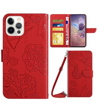 Rood Bloemen Design Bookcase Hoesje iPhone 14 Pro