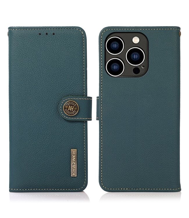 Khazneh Turquoise Echt Leder Bookcase Hoesje voor de iPhone 14 Pro