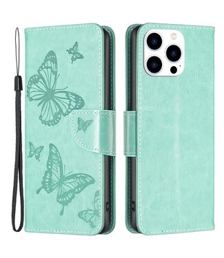 Turquoise Vlinders Bookcase Hoesje iPhone 14 Pro