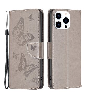 Grijs-bruin Vlinders Bookcase Hoesje iPhone 14 Pro