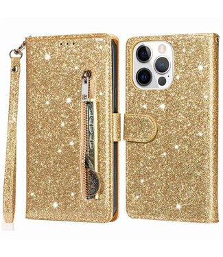 Goud Glitter Bookcase Hoesje iPhone 14 Pro