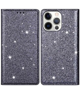 Grijs Glitter Bookcase Hoesje iPhone 14 Pro