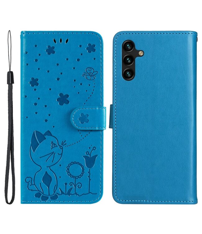 Blauw Kat en Bij Bookcase Hoesje voor de Samsung Galaxy A13 (5G) / A04s