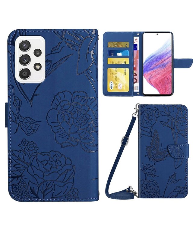 Blauw Vlinder en Bloemen Bookcase Hoesje met Koord voor de Samsung Galaxy A53