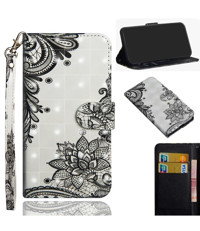 Zwart/Wit Bloemendesign Bookcase Hoesje voor de Samsung Galaxy A9