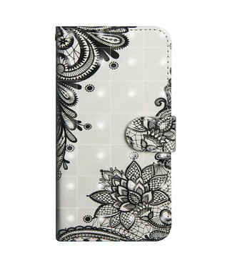 Zwart / Wit Bloemen Bookcase Hoesje Samsung Galaxy S10