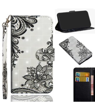 Zwart / Wit Bloemenpatroon Bookcase Hoesje Samsung Galaxy Note 10 Plus