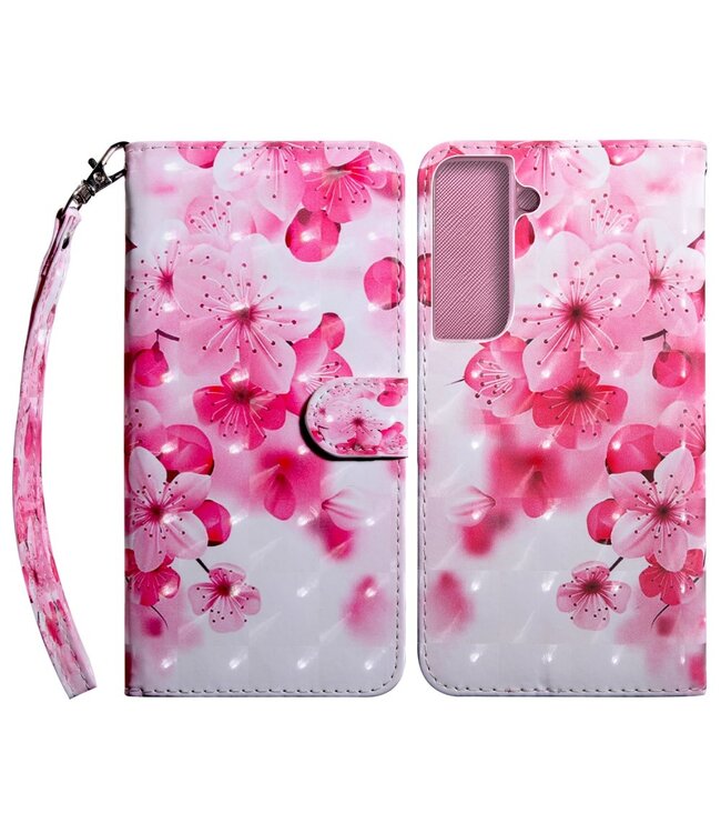 Roze Bloemen Bookcase Hoesje voor de Samsung Galaxy S22