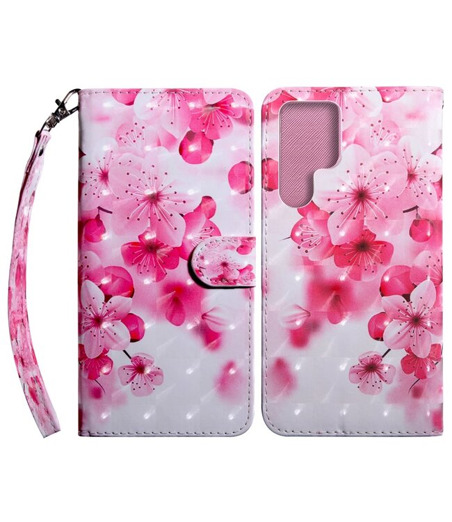 Roze Bloemen Bookcase Hoesje voor de Samsung Galaxy S22 Ultra