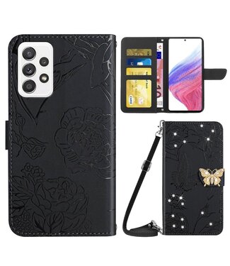 Zwart Vlinder en Bloemen Bookcase Hoesje Samsung Galaxy A53