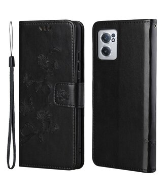Zwart Bloemen Patroon Bookcase Hoesje OnePlus Nord CE 2 5G