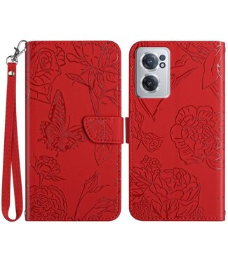 Rood Bloemen en Vlinder Bookcase Hoesje OnePlus Nord CE 2 5G