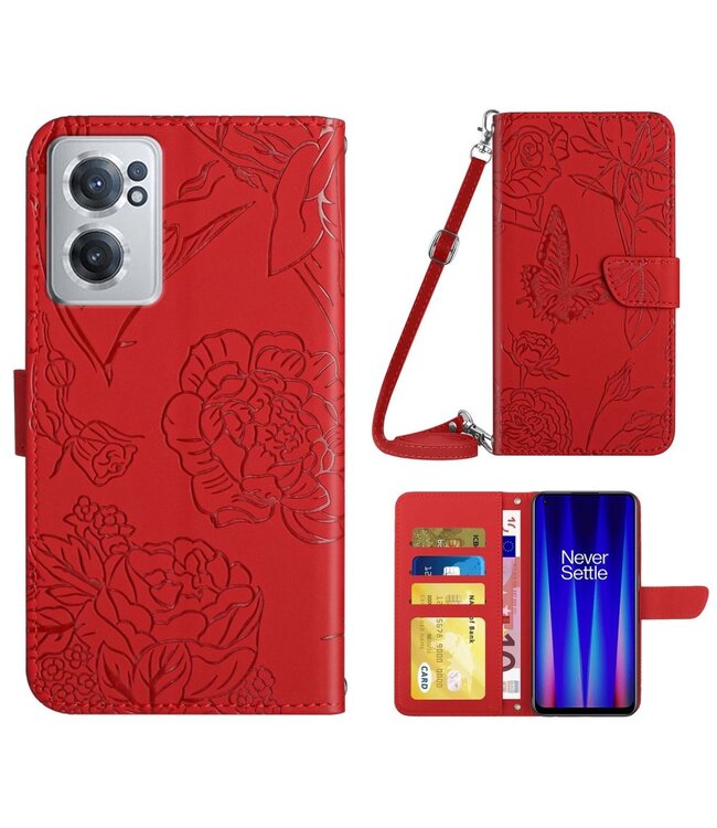 Rood Design Bookcase Hoesje met Koord voor de OnePlus Nord CE 2 5G