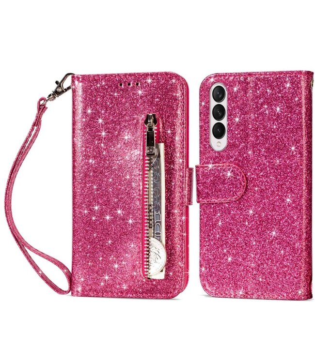 Roze Gllitter Bookcase Hoesje voor de Samsung Galaxy Z Fold 4