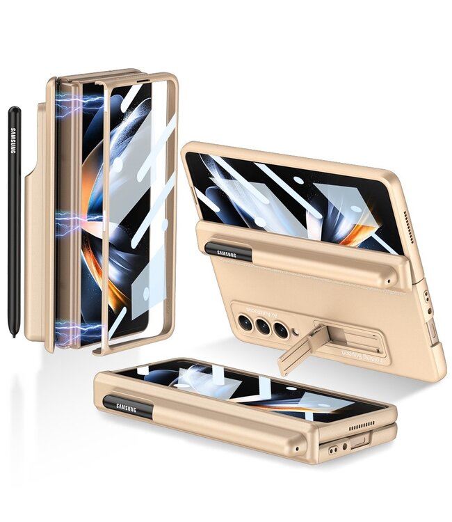 GKK Champagne Goud Backcover Hoesje met tempered glas voor de Samsung Galaxy Z Fold 4