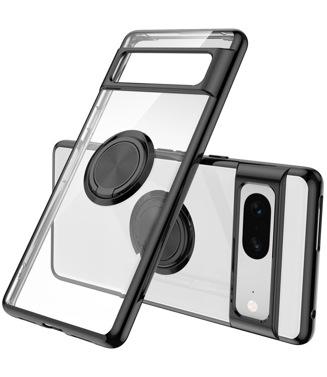 Zwart / Transparant TPU Hoesje met Ringstand voor de Google Pixel 7