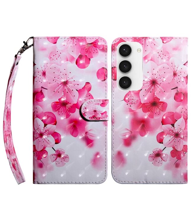 Roze Bloemen Bookcase Hoesje voor de Samsung Galaxy S23