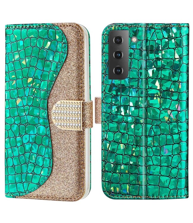 Groen Krokodillen Glitter Bookcase Hoesje voor de Samsung Galaxy S23